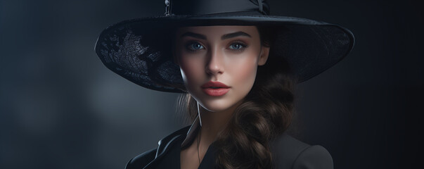 Beautiful young woman with hat, mysterious detective, poster or wallpaper, panoramic, generated ai