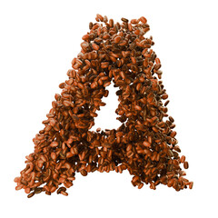 Capital letter A made from coffee beans. Coffee font. Alphabet made from coffee beans. Transparent background. 