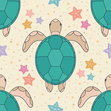 Seamless pattern of turtles and colourful starfish
