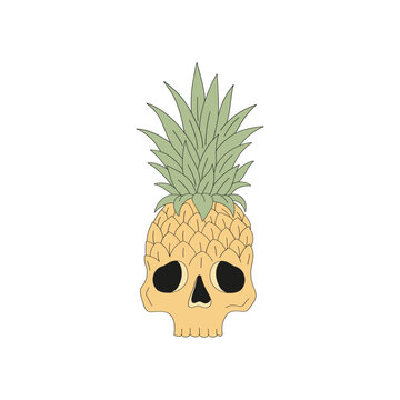 Retro hand drawn summer Halloween sweets and treats creepy pineapple in the form of human skull vector illustration isolated on white. Groovy line art drawing style October 31st party trick or treat