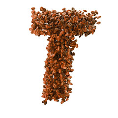 Capital letter T made from coffee beans. Coffee font. Alphabet made from coffee beans. Transparent background. 