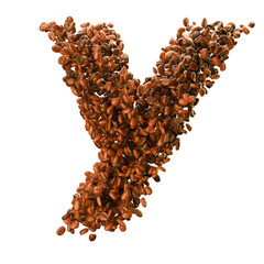 Capital letter Y made from coffee beans. Coffee font. Alphabet made from coffee beans. Transparent background. 