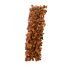 Capital letter I made from coffee beans. Coffee font. Alphabet made from coffee beans. Transparent background. 