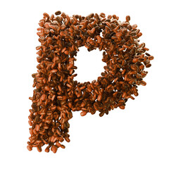 Capital letter P made from coffee beans. Coffee font. Alphabet made from coffee beans. Transparent background. 