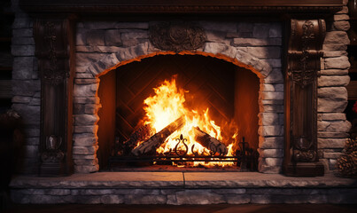 Fireplace with wood fire, classic stone design, generated ai