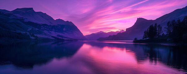 Purple sunset over the river, beautiful colorful panoramic view, generated ai
