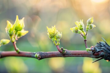 Close-up of young grapevine buds flourishing in golden morning light, symbolizing new beginnings...