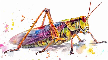 Colorful illustration of grasshopper in watercolor style design isolated - obrazy, fototapety, plakaty