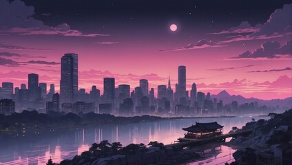 Relaxed Lo-fi Groove with Night Skyline and Pink Hues, Manga and Anime Inspirations.