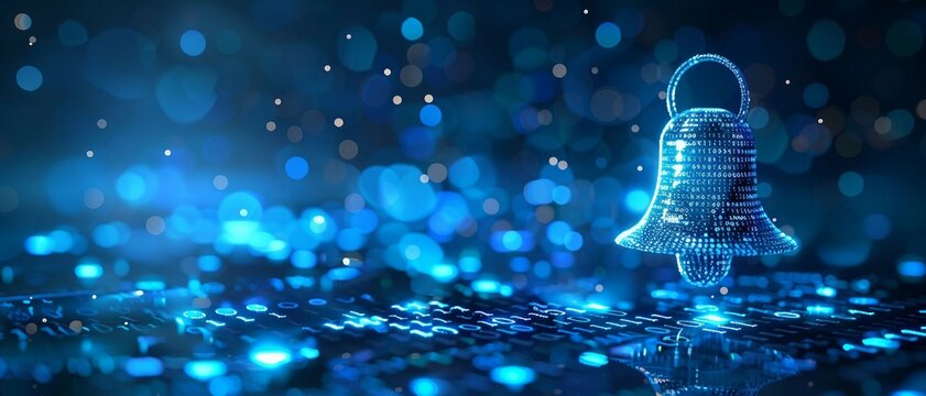 digital blue bell icon with binary code element, ai in  notification systems, event scheduling algorithms, personalized alerts, communication for enhanced user engagement and productivity.
