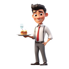 3D Cute cartoon waiter character on transparent background.