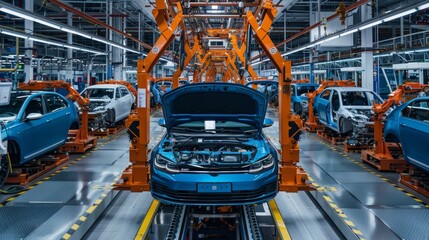 Robotic assembly line in a car factory with vehicles in production stages. Created with Generative AI. - obrazy, fototapety, plakaty