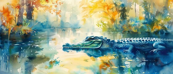 Nature scene, crocodile in a lake, vibrant and serene with bright watercolor