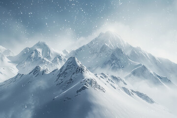 Snowy mountains surrounded by clouds, snowflakes falling from the sky during snowstorm - obrazy, fototapety, plakaty