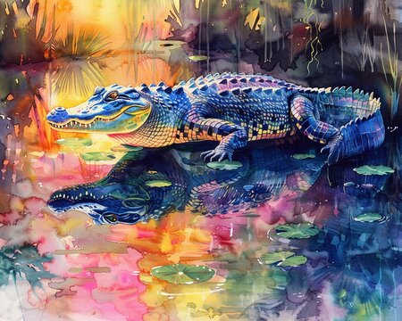 Handdrawn watercolor depicting a crocodile in a vibrant, serene lake, bright color palette