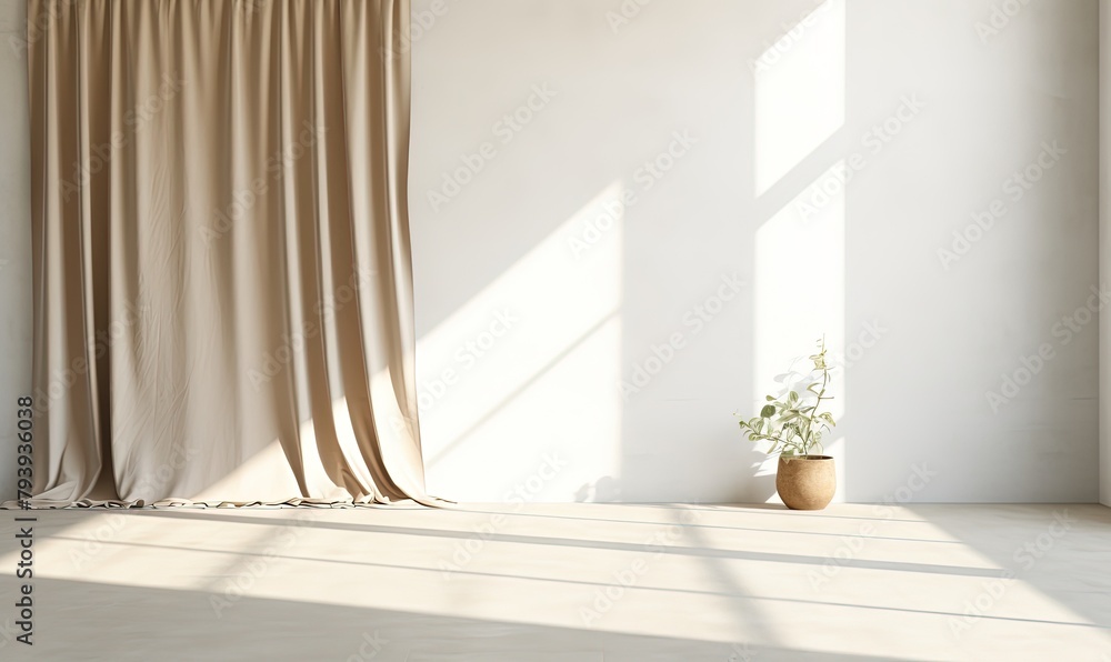 Wall mural neutral modern empty room with sunlight shade, white blank wall, beige linen curtain