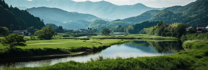 A serene green landscape of a rural countryside with a winding river against mountains backdrop - obrazy, fototapety, plakaty