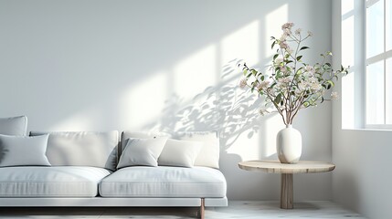 3d render of a minimal living room with white walls and a large vase of white flowers