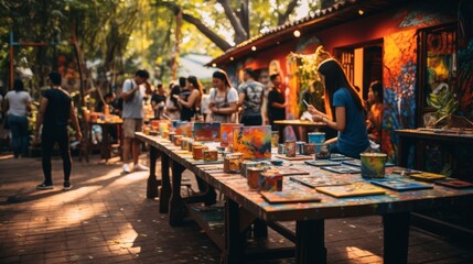 A diverse group of people standing around a table covered with vibrant paintings, engaged in lively discussions