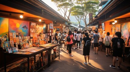 A diverse group of people leisurely walking down a bustling street lined with various shops