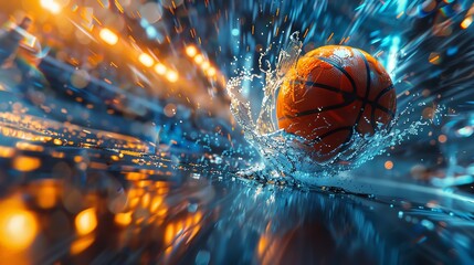 A basketball hitting a puddle of water with a splash and a lot of backlight