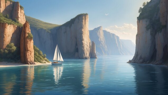 Relaxing Illustration Capturing a Sailboat Gently Sailing Through Smooth Waters Near Majestic Cliffs Bathed in Sunshine.