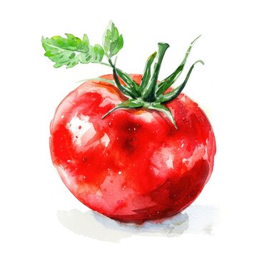 A ripe and shiny tomato is exquisitely painted in watercolor