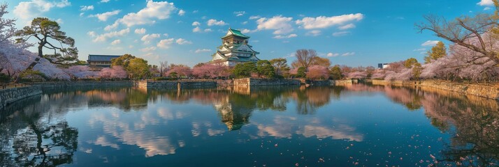 Naklejka premium Historic Osaka Castle during cherry blossom season with reflections on the moat
