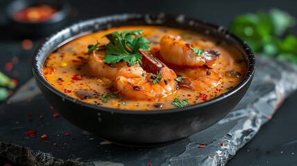 A bowl of tom yum soup with shrimp, mushrooms, and cilantro.