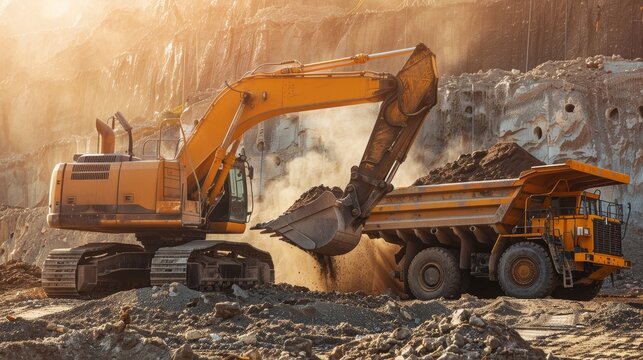 A powerful excavator transfers rocks into a heavy-duty mining truck in a large open-pit mine at sunset.