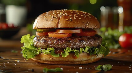 A delicious beef patty with lettuce, tomato, and pickles on a sesame seed bun. - obrazy, fototapety, plakaty