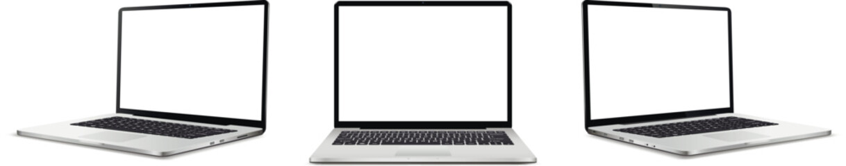 Laptop blank screen mockup. Realistic laptop in different positions.