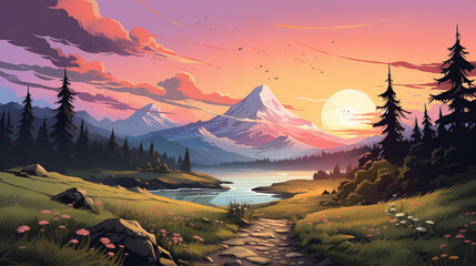 Serene Lake View with Majestic Mountain at Sunset Illustration - obrazy, fototapety, plakaty