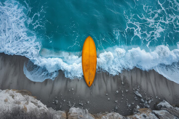 A single yellow surfboard standing on a white sandy beach
