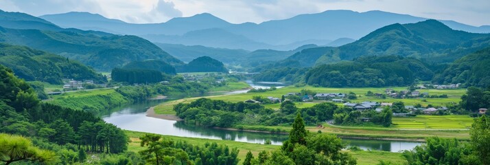 A serene panoramic view of a valley with a winding river, surrounded by lush green hills and a quaint village in the backdrop