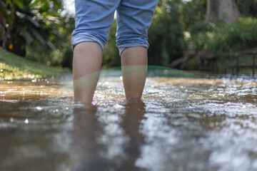Selective focus of woman's legs folded, pants legs walking, wading in water in a natural forest
