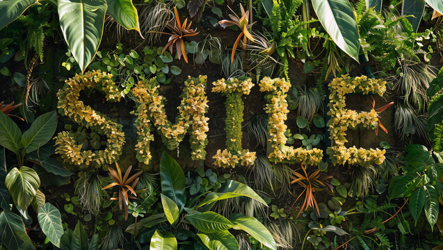 A collage of flowers and plants illustrating the word "SMILE"