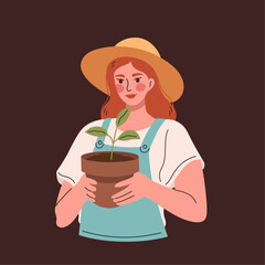 Cartoon illustration of a girl holding a pot with a plant