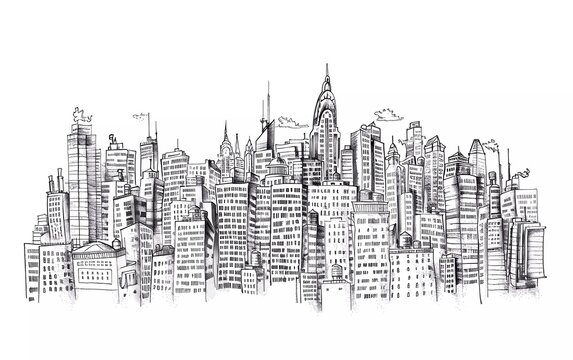 Hand drawn City Sketch for your design, Drawn in black ink on white background 