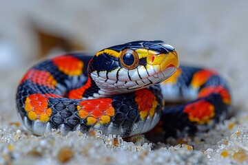 Obraz premium Eastern Coral Snake: Slithering across sand with bright red, black, and yellow bands, emphasizing warning colors