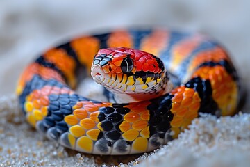 Eastern Coral Snake: Slithering across sand with bright red, black, and yellow bands, emphasizing warning colors