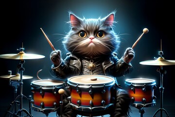 brutal cat in a leather jacket plays the drum - obrazy, fototapety, plakaty
