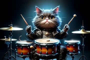 Fotobehang brutal cat in a leather jacket plays the drum © Peredniankina