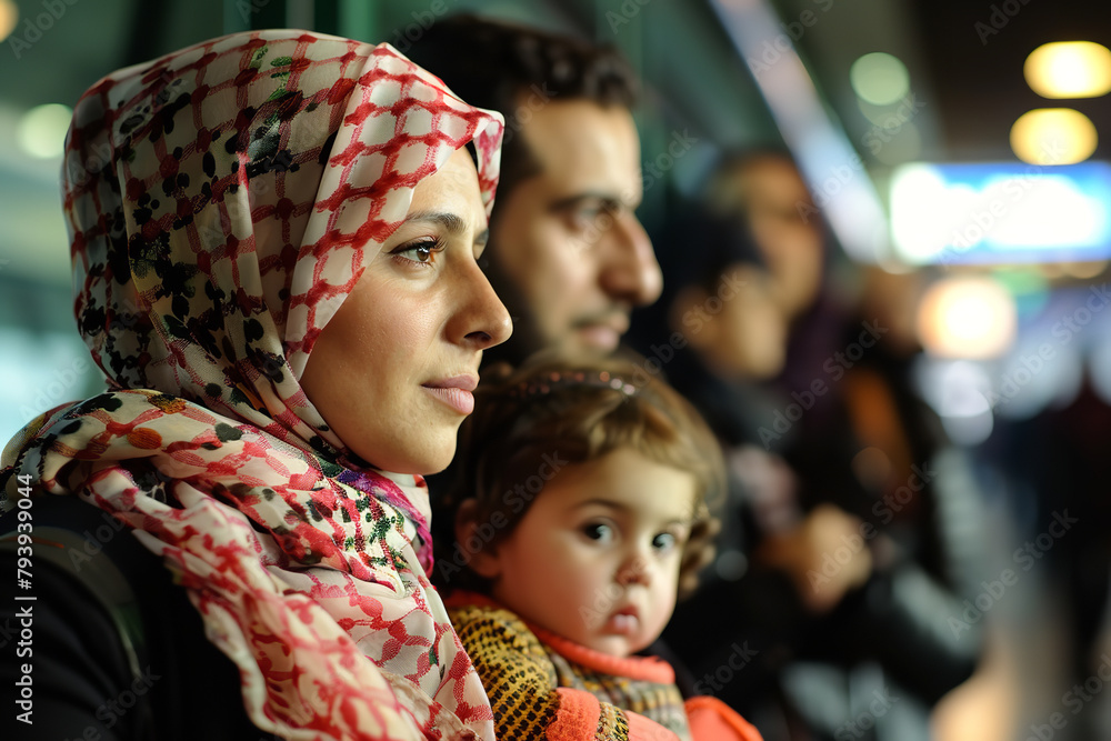 Canvas Prints refugee family at an airport, their hopeful glances caught as they arrive in a new country, looking forward to starting a fresh chapter