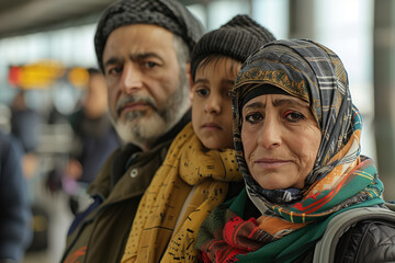 A refugee family arrives at an airport - their hopeful eyes looking forward to new beginnings and the promise of a fresh chapter in a new country - Powered by Adobe