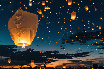 At a community event - paper lanterns ascend into the night sky - each glowing light a floating testament to shared wishes and hopes for the future
