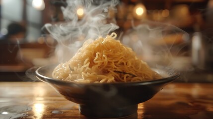 Noodles with steam and smoke in bowl on wooden background, selective focus, Asian meal on a table, junk food concept - obrazy, fototapety, plakaty