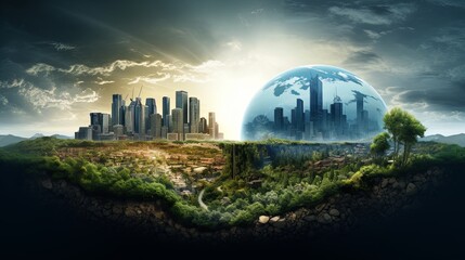 A city inside a giant glass dome with a forest outside