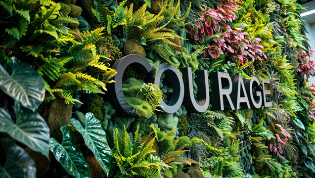 A collage of flowers and plants illustrating the word "COURAGE"