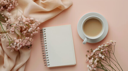 An organized workspace setup featuring a notebook, coffee cup, and soft pink flowers on a fabric background.